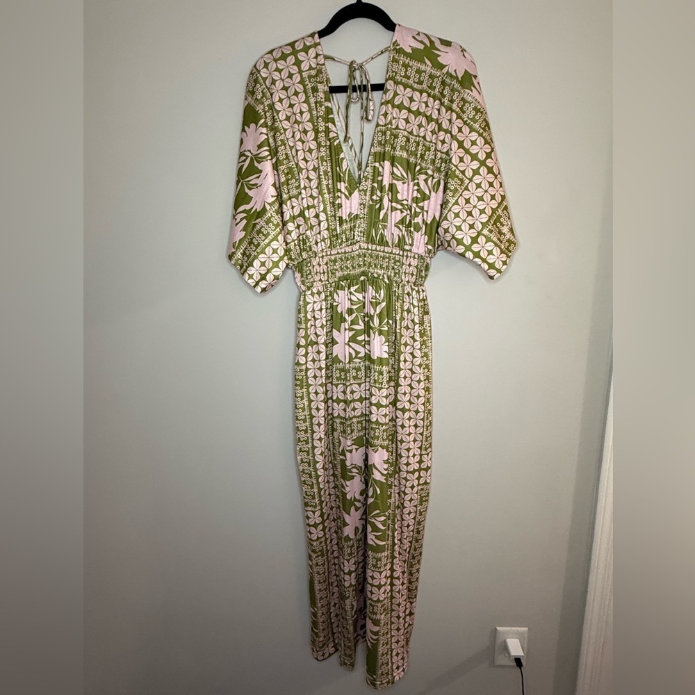 Green Pink Boho Maxi Dress V Neck Kimono Sleeve Smocked Waist Festival Vacation - Picture 5 of 5